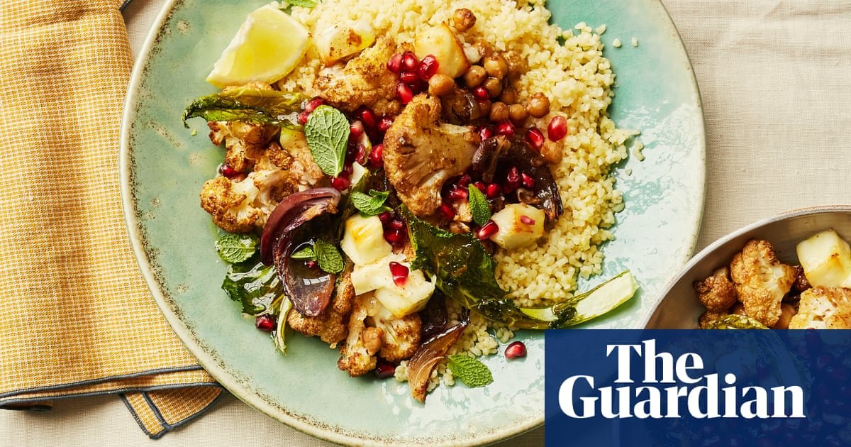 Rukmini Iyer’s quick and easy recipe for spiced roasted cauliflower with chickpeas, halloumi and lemony bulgur | Main course