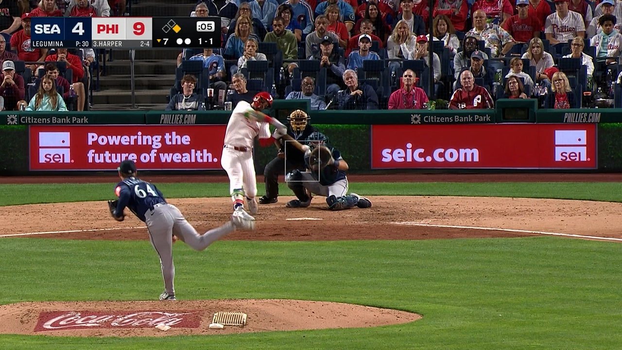 Bryce Harper knocks his second homer of the game, extending Phillies' lead over Mariners