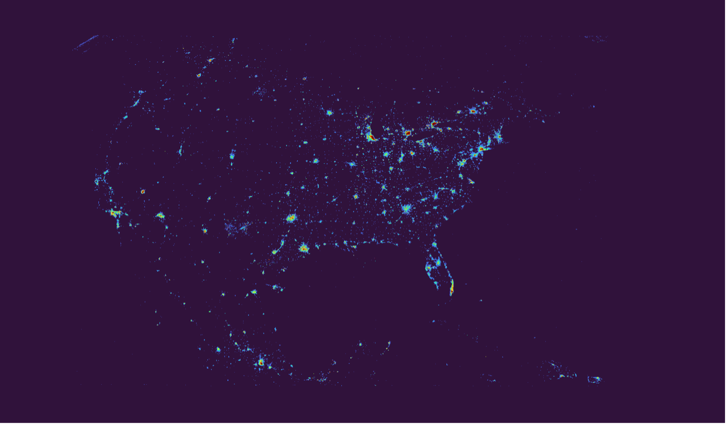 A darkened image of the continental US with spots of light ranging in intensity and color.