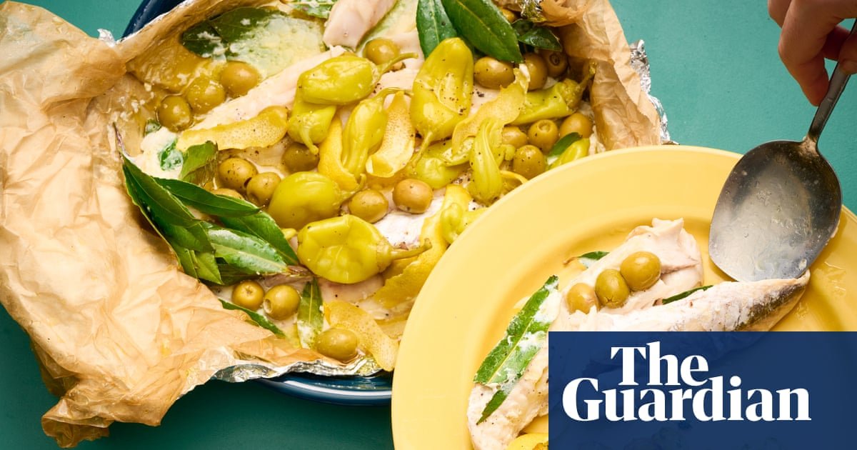 Alice Zaslavsky’s flathead baked in paper with roasted potatoes and peppers – recipe | Fish