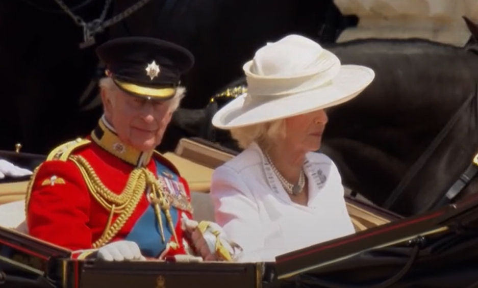 King Charles and Queen Camilla in an Ascot Landau as they leave Trooping the Colour in 2025 as part of a carriage procession.