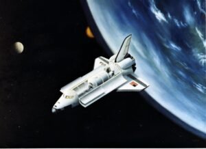 Illustration of the Space Shuttle in orbit around Earth with its payload bay doors open showing the Spacelab module housed in the payload bay.