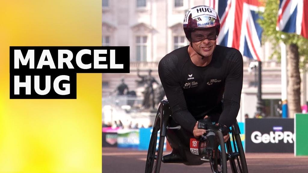 Marcel Hug wins men's wheelchair race