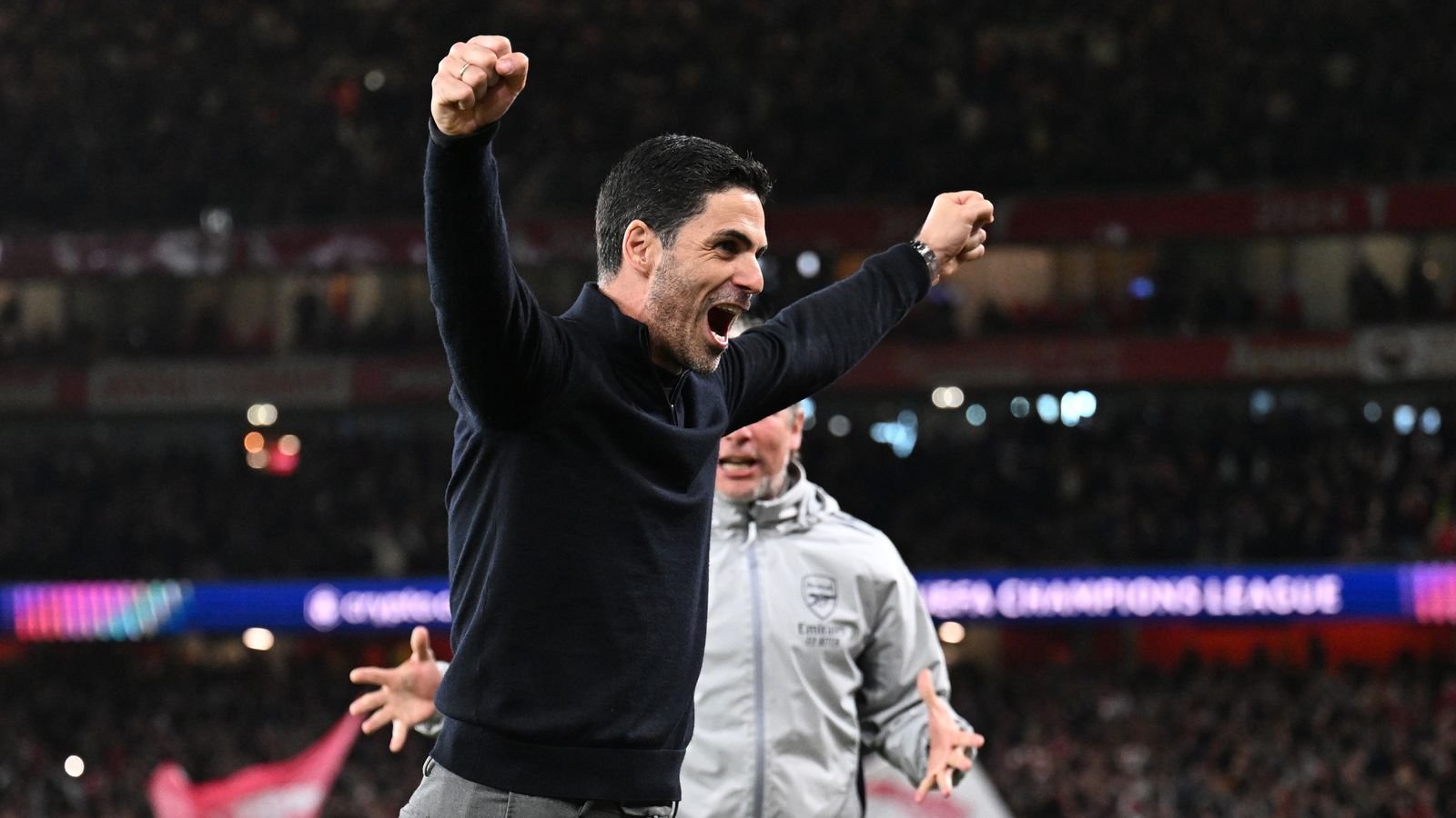 Mikel Arteta celebrates Arsenal reaching the semi-finals of the Champions League after a 0-0 draw with Sporting