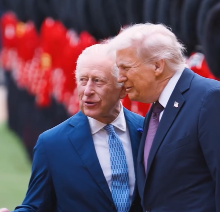 King Charles shares a joke with Donald Trump while they inspect the Guard of Honour at Windsor Castle