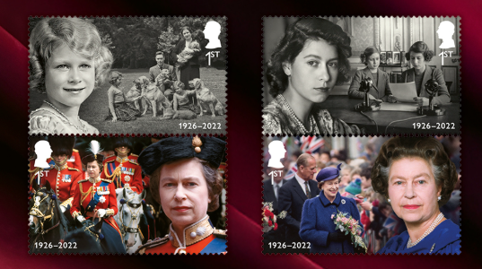 A close up of four stamps featuring Queen ELizabeth II