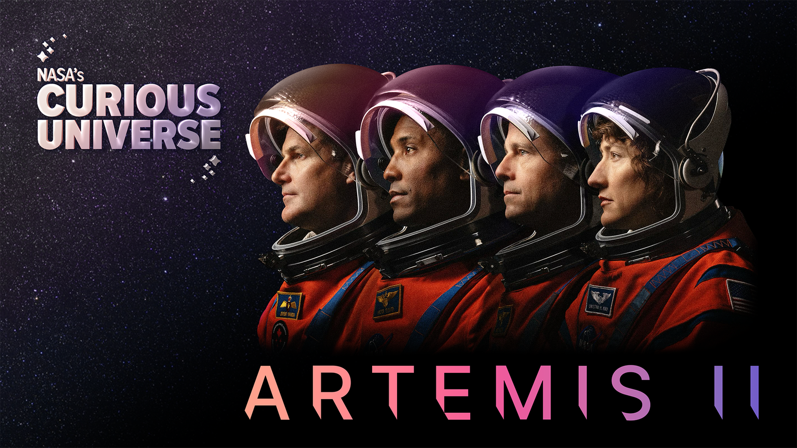 A dark podcast logo features the four crew members of NASA