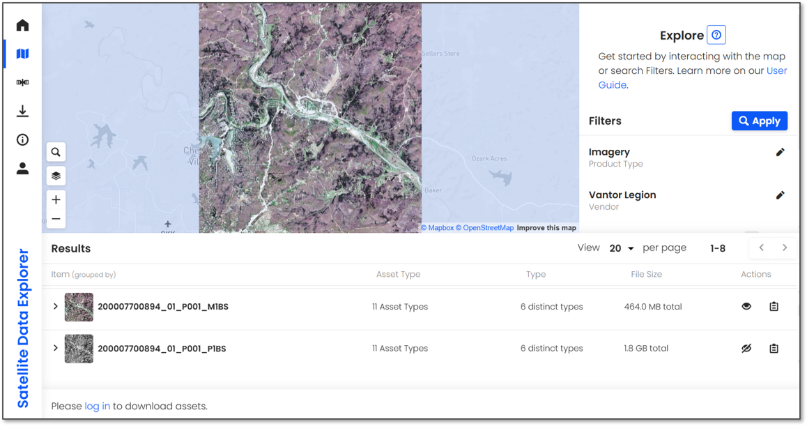 A screen capture from the CSDA program's Commercial Satellite Data Explorer (SDX) showing a multispectral image from Vantor, along with information about the image in the SDX interface.
