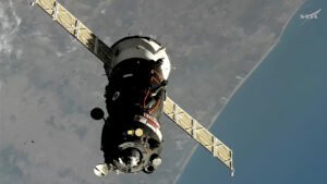The Soyuz MS-29 spacecraft approaches the International Space Station while orbiting above northern Africa.