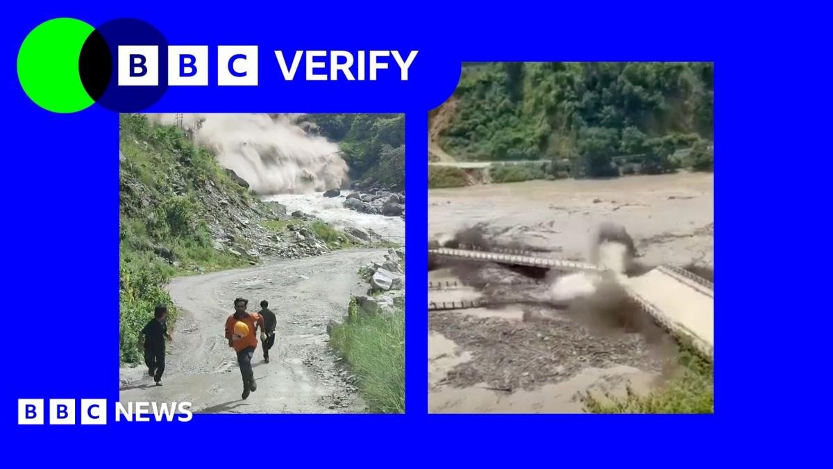 A composite image showing screengrabs from two verified videos that have emerged from Nepal following floods. The picture on the left shows people fleeing from the flood water, and the second image shows a destroyed bridge.