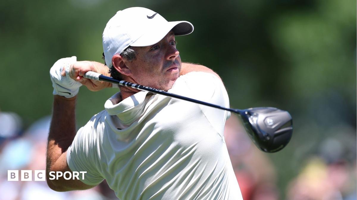 Rory McIlroy at the end of his swing