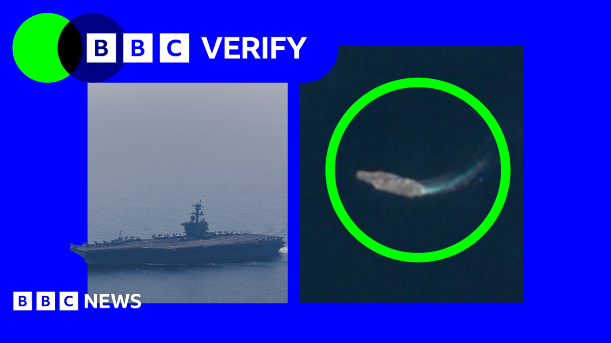 A satellite image of the USS Abraham Lincoln with a green circle around it on the right, and an image of the warship up close on the left.