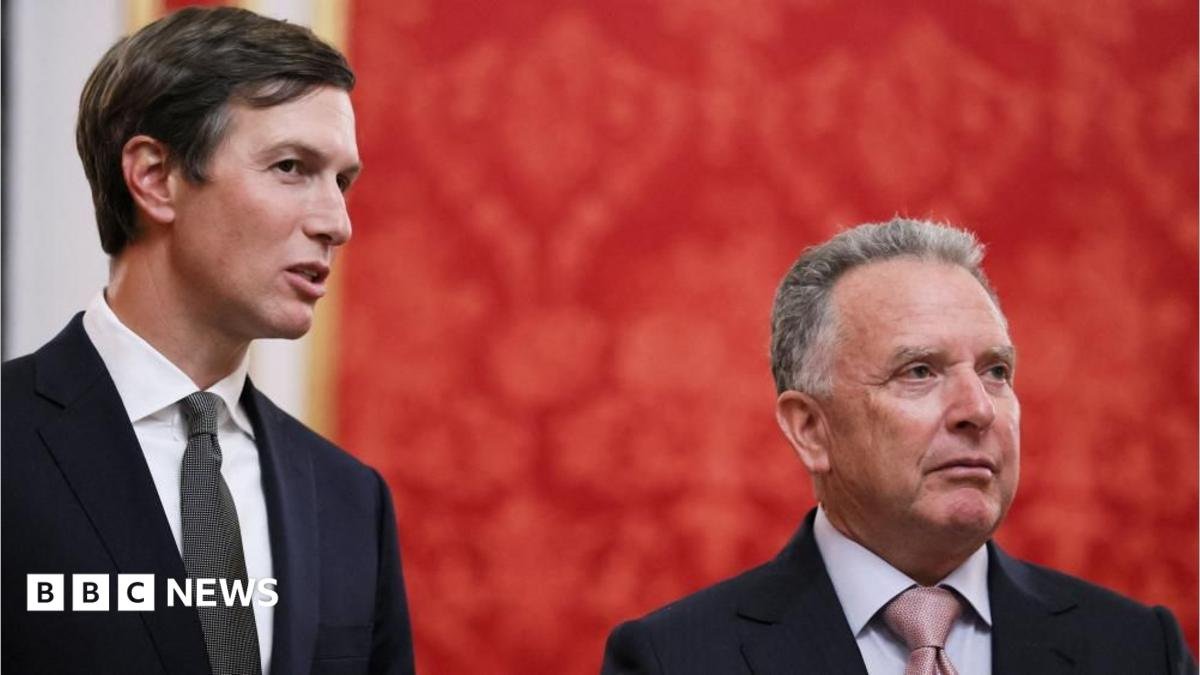 Jared Kushner, U.S. President Donald Trump's son-in-law, and U.S. Special Envoy Steve Witkoff wait before a meeting with Russian President Vladimir Putin at the Kremlin in Moscow, Russia
